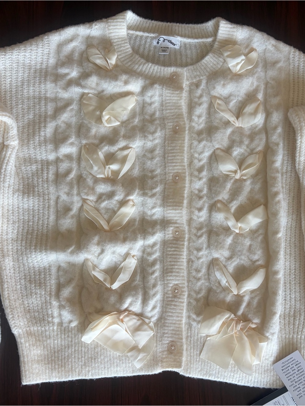 art class Cream Ribbon-Embellished Cable Knit Cardigan